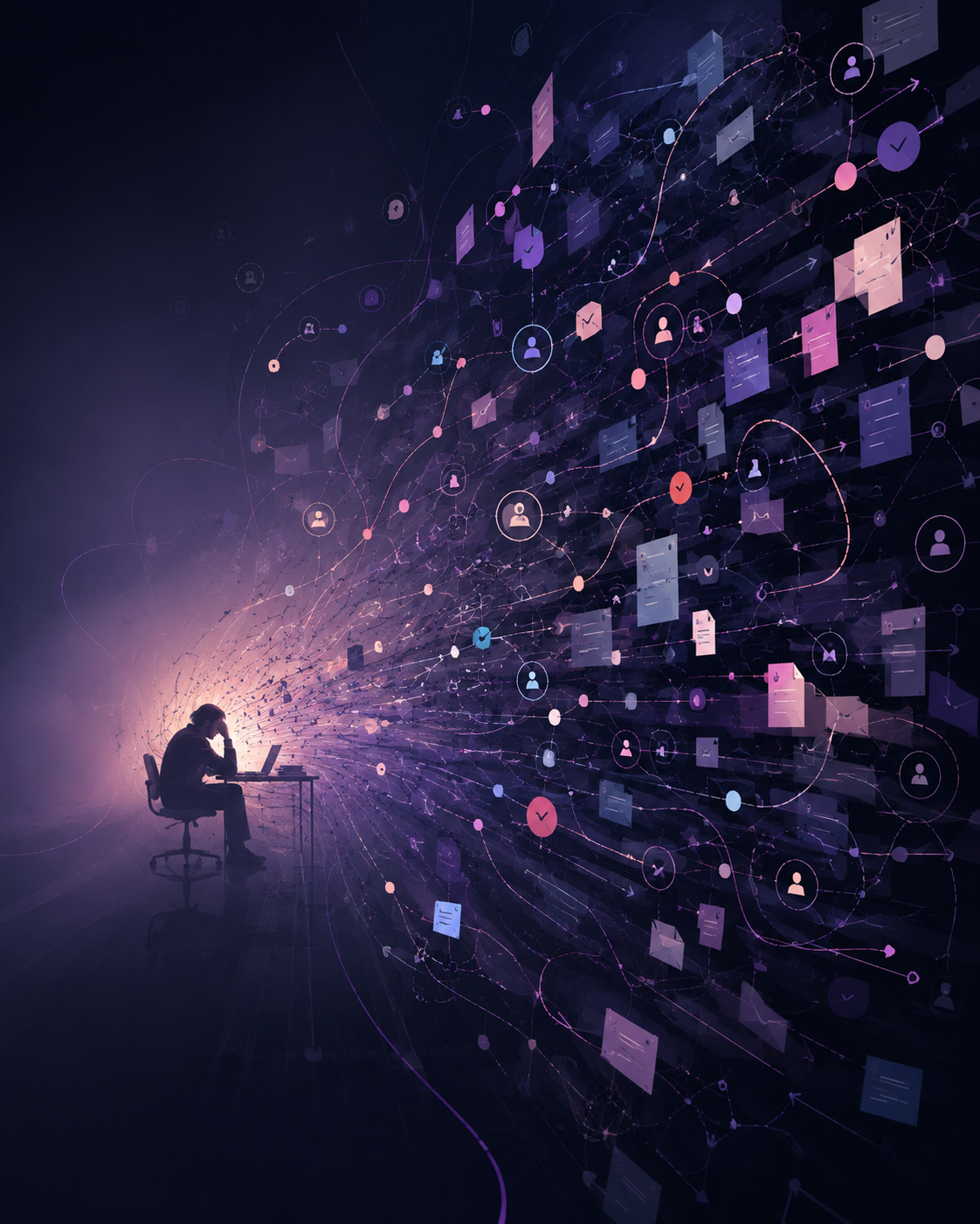 A nonprofit leader facing a dense web of decisions, handoffs, and information